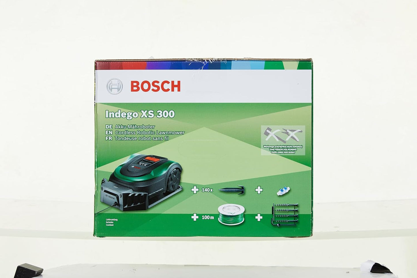 Bosch Home and Garden Rasenmäher Roboter Indego XS 300 (Mit Integriertem 18-V-Akku, Ladestation Enthalten, Schnittbreite 19 Cm, Für Rasenflächen Bis Zu 300 M², Im Karton) Schwarz, Grün