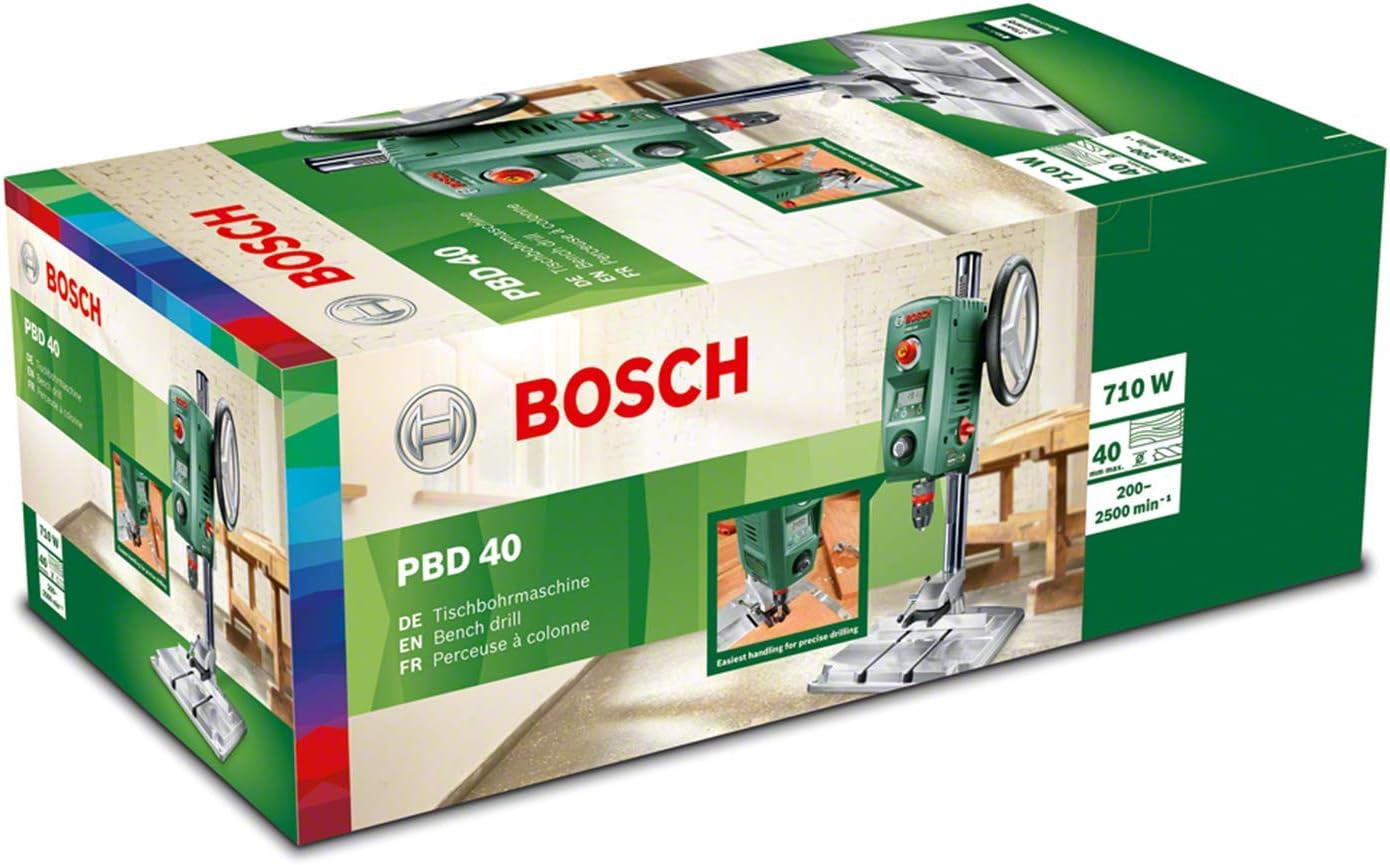 Bosch Home and Garden Tischbohrmaschine PBD 40 (710 W, Max. Bohr-Ø in Stahl/Holz: 13 Mm/40 Mm, Bohrhub 90Mm, Im Karton), Grün